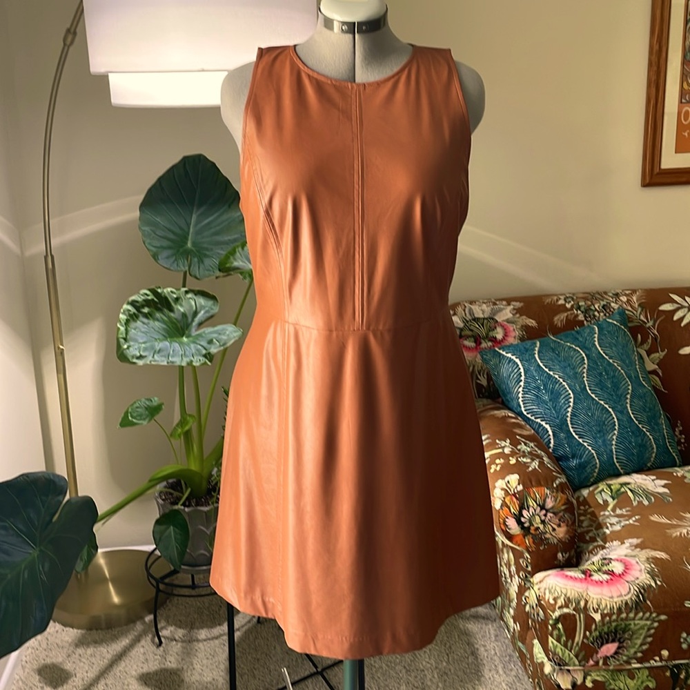 Ann Taylor Loft Cognac Brown Sleeveless Faux Leather Flare Dress - Size 12 - Picture 4 of 12